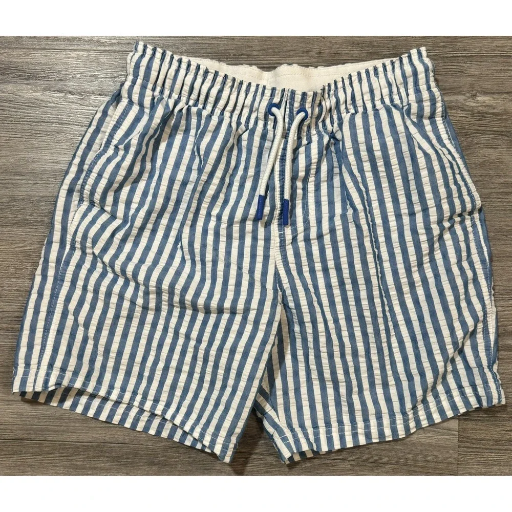 Cat & Jack Boys Blue White Seersucker Stripe Swim Trunks Size L 10/12 Drawstring